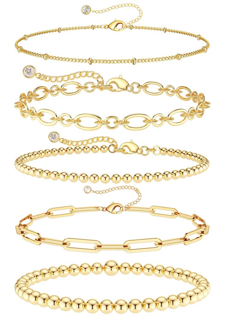 PRICES MAY VARY. 5-Piece Gold Bracelets Set: The set contains gold beaded, small beaded, paperclip, halo link, and satellite bracelets. These bracelets are suitable for layering and individual wear. Bracelets Size: Each bracelet is 6.5" + 2.5" extender. The strong lobster clasp design allows for easy length adjustment, suitable for women and teens. Bracelet Material: 14K gold filled, lead-free, nickel-free, and hypoallergenic. It's great for sensitive skin and all-day wear. Package and Occasion: Amazon Bracelet Stack, Trending Womens Jewelry, Christmas Gift Ideas Trendy, Trendy Teen Jewelry, Evry Jewels Bracelet Stack, Amazon Gold Bracelets, Christmas Wishlist Jewelry, Tj Maxx Jewelry, Gold Homecoming Jewelry