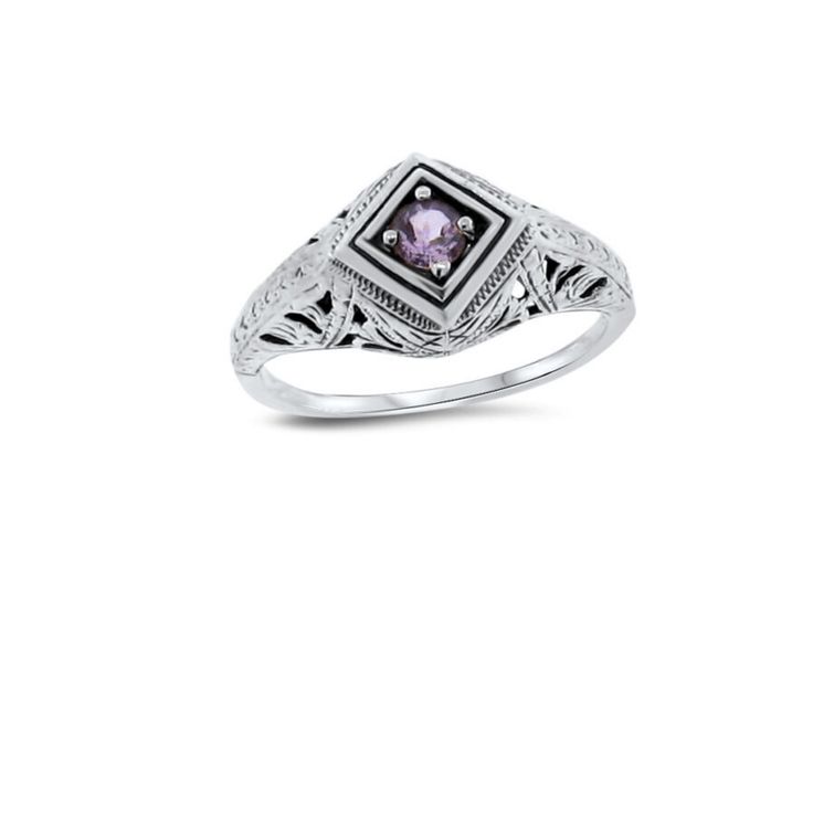 Vintage Estate Natural Amethyst Solitaire Filigree Ring. 925 Solid Sterling Silver. The Top Of The Ring Measures 3/8 Inches In Length. Stamped 925. Excellent Condition/Like New. May Birthstone Diamond Ring, Diamond Cut For Gift, Classic Purple Signet Ring For Anniversary, Formal Art Deco Birthstone Jewelry, Vintage Silver Amethyst Ring Birthstone, Classic Sterling Silver Birthstone Diamond Ring, Classic Amethyst Signet Ring As Gift, Classic Sterling Silver Diamond Ring With Birthstone, Elegant Amethyst Hallmarked Signet Ring, Elegant Hallmarked Amethyst Signet Ring