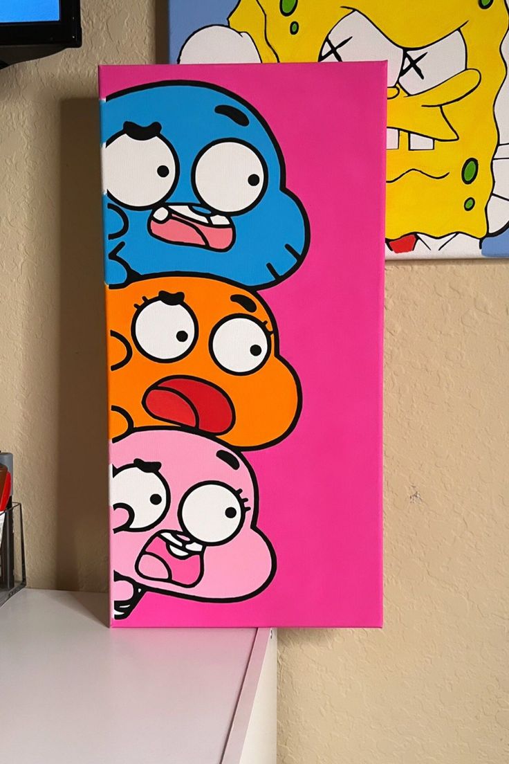 Kaws Style Art, Burn Book Canvas Painting, Split Painting Ideas, Hey Arnold Painting Canvas, Drawings To Paint Canvases, Cute Trendy Paintings, Cute Room Decor Paintings, Things To Paint On Black Canvas Easy, Easy Drawing On Canvas