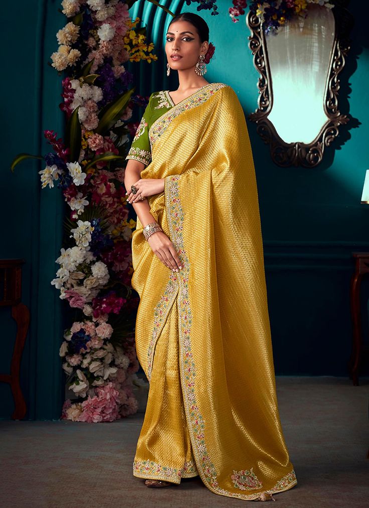 Golden Yellow Multi Embroidered Traditional Silk Saree Mustard Saree, Festival Saree, Raw Silk Blouse, Golden Saree, Traditional Aesthetic, Pearl Work, Traditional Silk Saree, Kanjivaram Silk Saree, Saree Silk