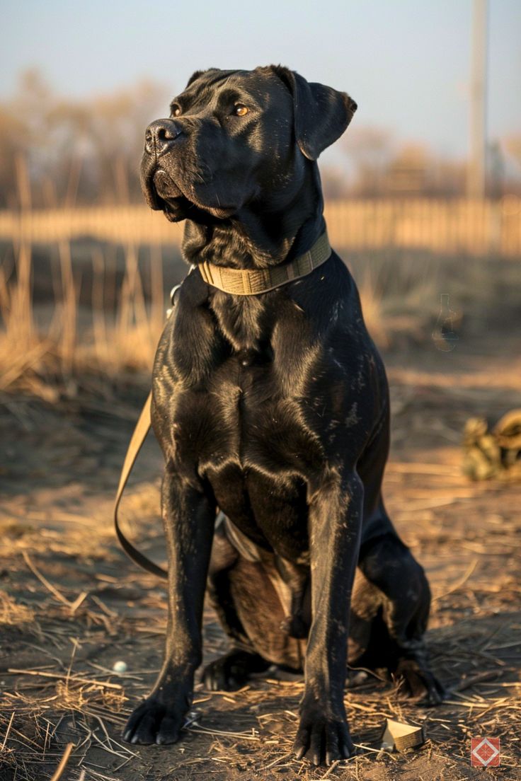 a large black dog sitting on top of a dry grass field