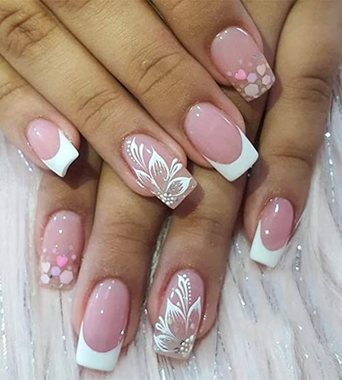 Full Hand Nail Art Design, Pink White Nails, Pink French Nails, Nails Medium Length, Flower Nail Designs, Floral Nail Art, White Nail Designs, Nails Medium, Flower Nail Art