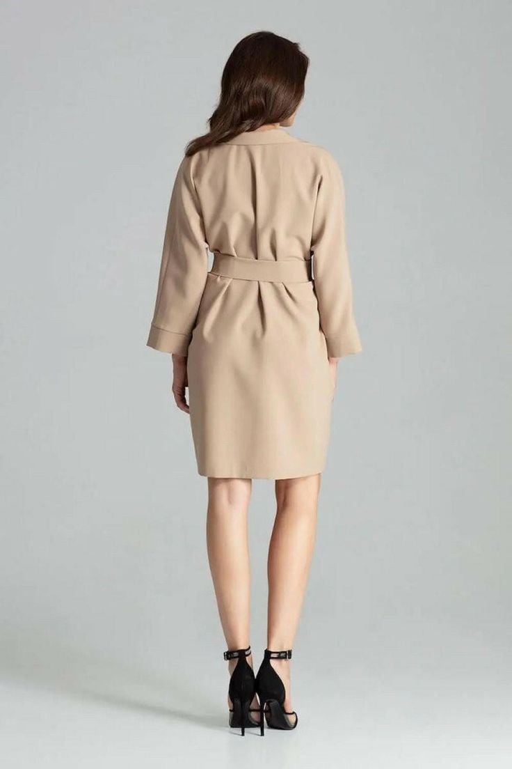 Beige straight, loose-fitting dress-jacket with classic lapels and no fastening. Tied at the waist with a belt with a decorative metal buckle in the color of gold. Jacket without pockets and without lining. Gold Jacket, Fitting Dress, Loose Fitting Dresses, Shangri La, Dress Jacket, Decorative Metal, La Fashion, Metal Buckles, Metal Decor