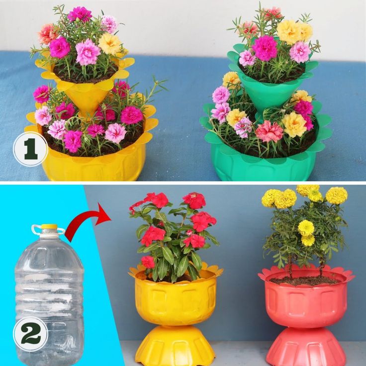 three different flower pots with flowers in them and one has water bottle on the side