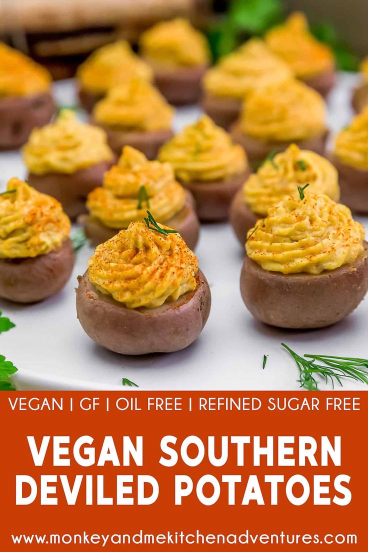 vegan deviled potatoes on a white platter with text overlay