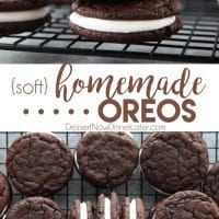 chocolate sandwich cookies with white frosting on cooling rack and text overlay that reads, i soft homemade oreos