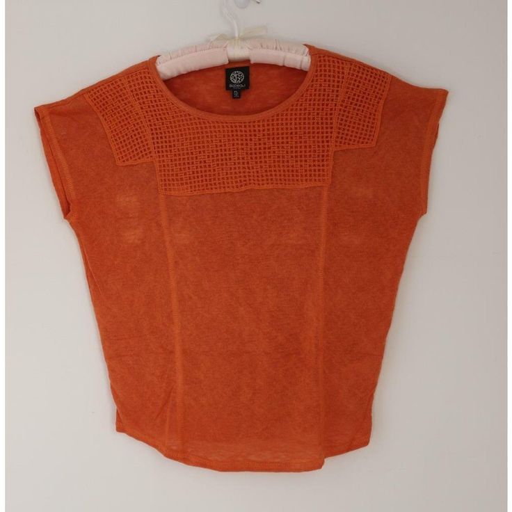 Bobeau Short Sleeved Sweater Crochet Yolk Burnt Orange Petite Large Petite Large Burnt Orange New Without Tag 64% Rayon 36% Polyester Bust 23" Length 23" Pullover Cap Sleeve Tag Has Been Cut To Prevent Returns To Retail Stores Fitted Pointelle Knit Tops For The Beach, Fitted Pointelle Knit Tops For Beach, Pointelle Knit Beach Tops For Fall, Beach Fall Pointelle Knit Tops, Beach Tops In Pointelle Knit For Fall, Fitted Open Knit Casual Blouse, Casual Open Knit Blouse, Orange Knitted Summer Tops, Summer Orange Knitted Tops