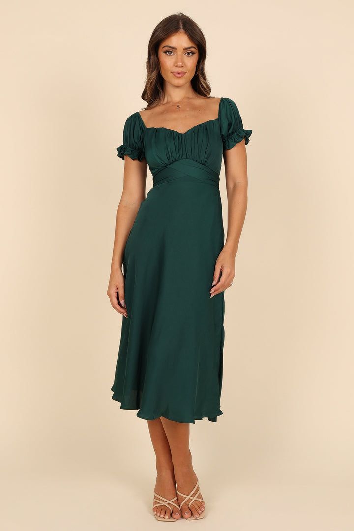 Mickenna Sweetheart Frill Midi Dress - Emerald - Petal & Pup USA Bridesmaid Dress With Sleeves Short, Midi Cocktail Dress With Sleeves, Green Graduation Dress, Semi Formal Dresses With Sleeves, Cross Overlay, Dark Green Midi Dress, Off Shoulder Cocktail Dress, Midi Bridesmaid Dress, Petal And Pup