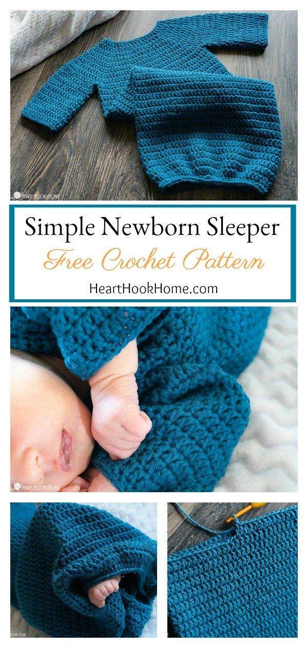 a baby sleeping in a blue crocheted blanket with text that reads, simple newborn sleeper