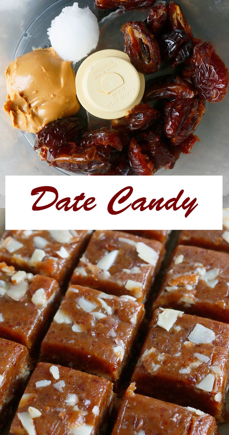 date candy is cut into squares and placed on a plate with the words date candy above it