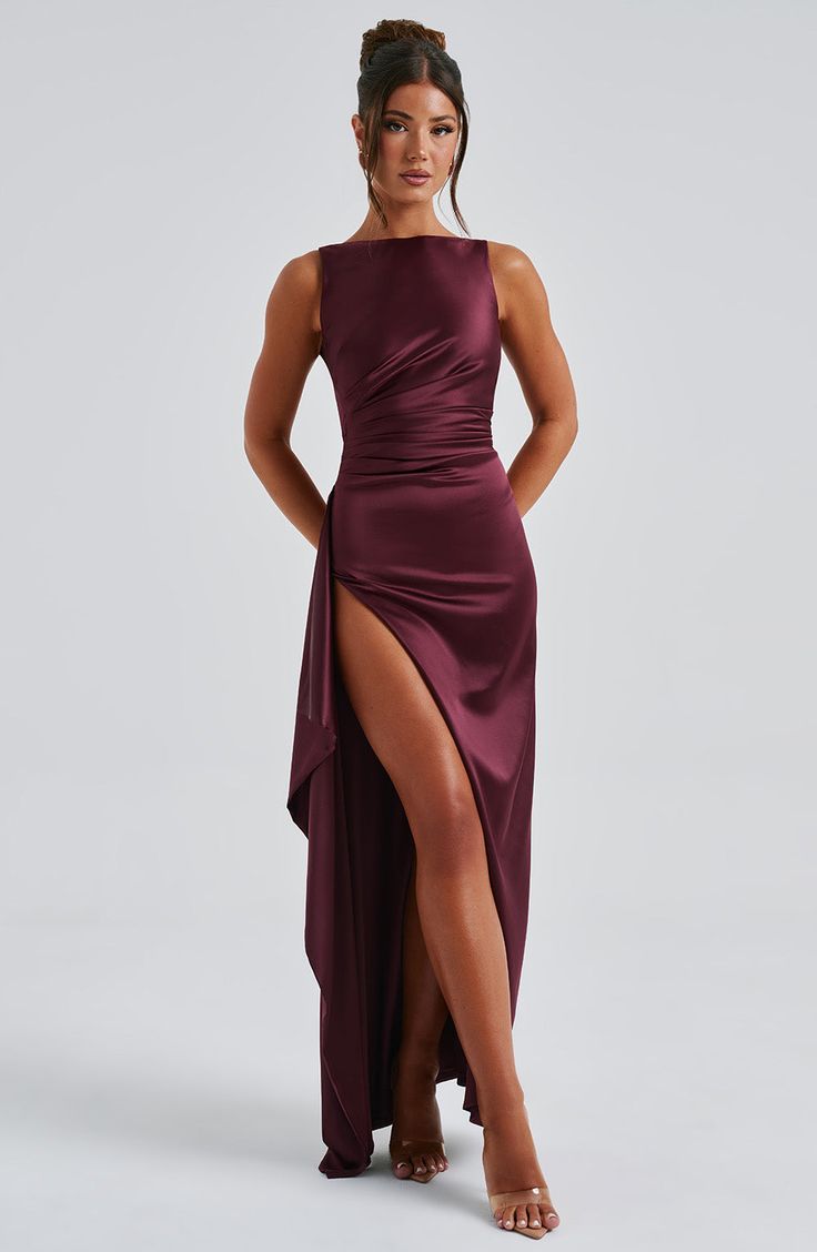 More-is-more with the Peggy maxi, a flirty dress made in sleek, body-hugging satin with stretch. With a high, wide neckline and low scoop back, this maxi has a draped thigh high split and removable corsage to the shoulder with frill detailing. Wear yours with loose waves and cherry red heels. 



Colour: Cherry Lacquer.

Luxury stretch satin.

Fully lined.

Body hugging fit.

High, wide neckline.

Low scoop back.

Asymmetric pleats to waist.

Removable corsage with frill details.

Draped thigh high split.

Maxi length.

 Size: XS, S, M, L, XL, XXL Cherry Lacquer, Cherry Dress, Maxi Dress Sale, Flirty Dresses, Red Heels, Loose Waves, Stretch Satin, Formal Party, Cherry Red