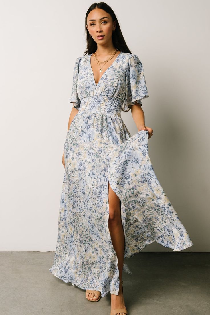 Verona Smocked Maxi Dress | White + Blue Print - Baltic Born Dresses With Flowy Sleeves, Smocked Maxi Dress, Blue Floral Maxi Dress, Floral Bridesmaid Dresses, Kimono Maxi Dress, Maxi Dress White, Maxi Outfits, Baltic Born, Flowy Sleeves