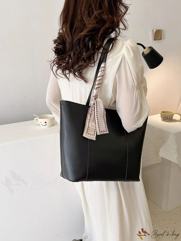 BirdinBag - Versatile White Womens Shoulder Tote Bag - Summer Fashion, Large Capacity Casual Square Bucket Bag For Office, Casual Square Hobo Bag For Office, Casual Office Bucket Bag With Double Handle, Black Softback Shoulder Bag For Shopping, Casual Office Rectangular Bag, Square Bucket Bag For Travel, Casual Rectangular Bucket Bag, Casual Bucket Bag Shaped Like A Satchel For Office, Casual Rectangular Bucket Bag For Office