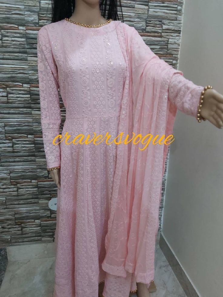 Beautiful heavy chikankari anarkali dress with dupatta and | Etsy Pink Georgette Lawn Suit With Chikankari Embroidery, Pink Anarkali Lawn Suit With Chikankari Embroidery, Pink Anarkali Lawn Suit In Georgette, Designer Pink Chikankari Embroidery Dress, Fitted Pink Lawn Suit With Chikankari Embroidery, Designer Pink Dress With Chikankari Embroidery, Pink Anarkali Set With Unique Design And Long Sleeve, Pink Long Traditional Wear In Georgette, Pink Long Sleeve Salwar Kameez With Lace Work