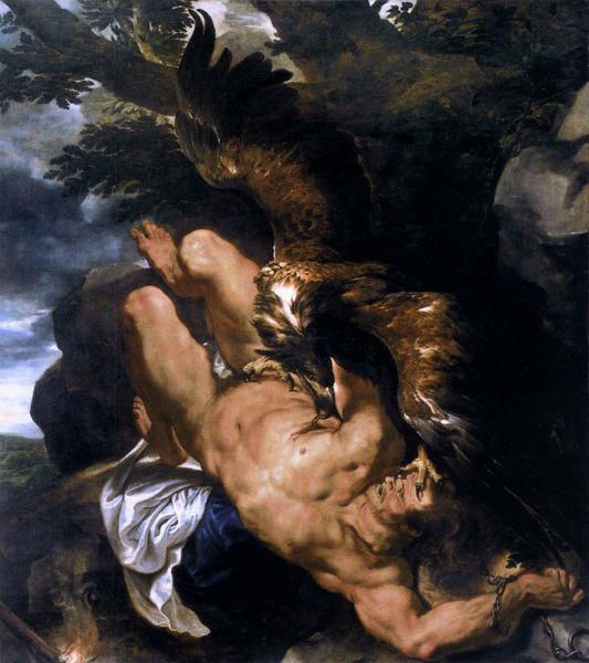 a painting of an eagle attacking a man