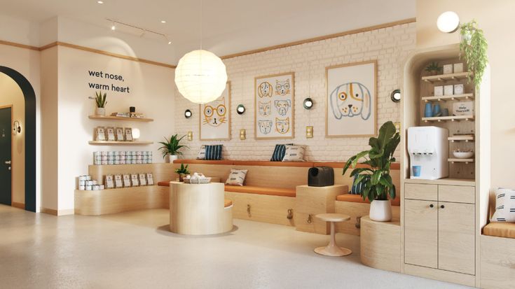 the interior of a store with shelves and plants