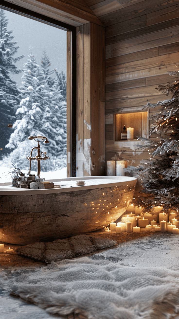 a bath tub sitting next to a window covered in christmas lights and candles near a tree