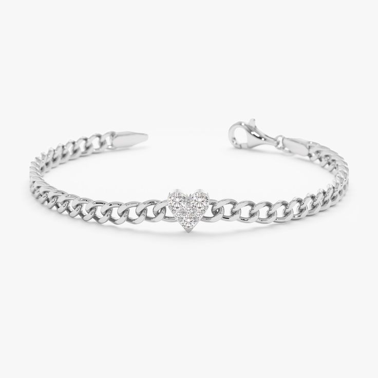 White Gold Diamond Heart Miami Cuban Chain Bracelet Elegant Silver Cuban Link Bracelet, Tarnish Resistant, Elegant White Gold Cuban Link Bracelet, Elegant White Gold Curb Chain Bracelet, Tarnish Resistant White Gold Chain Link Bracelet, Elegant White Gold Heart-shaped Tennis Bracelet, Elegant White Gold Heart Tennis Bracelet, Tarnish-resistant White Gold Chain Link Bracelet, White Gold Tarnish Resistant Bangle Chain Bracelet, Elegant White Gold Cuban Link Bracelet For Anniversary