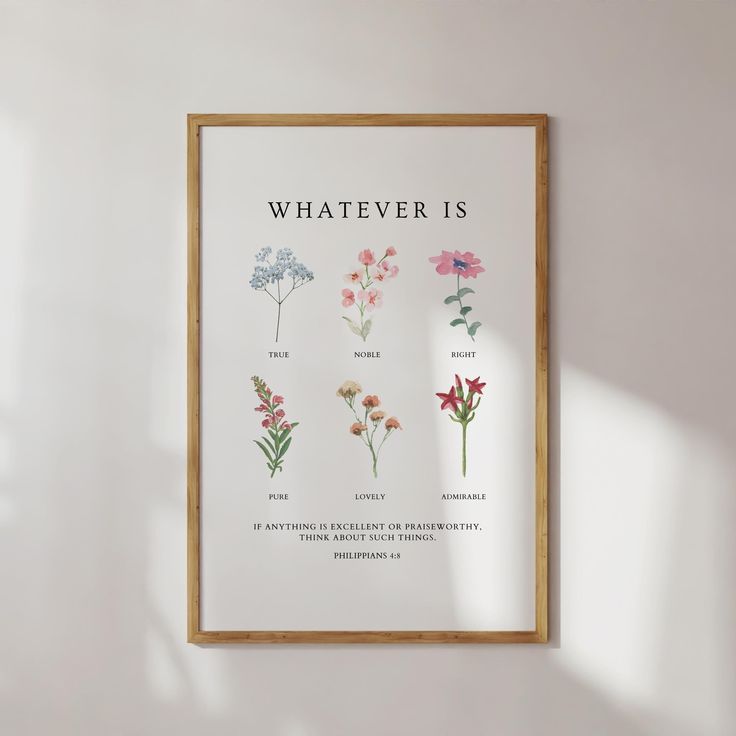 a poster hanging on the wall with different types of wildflowers and what ever is