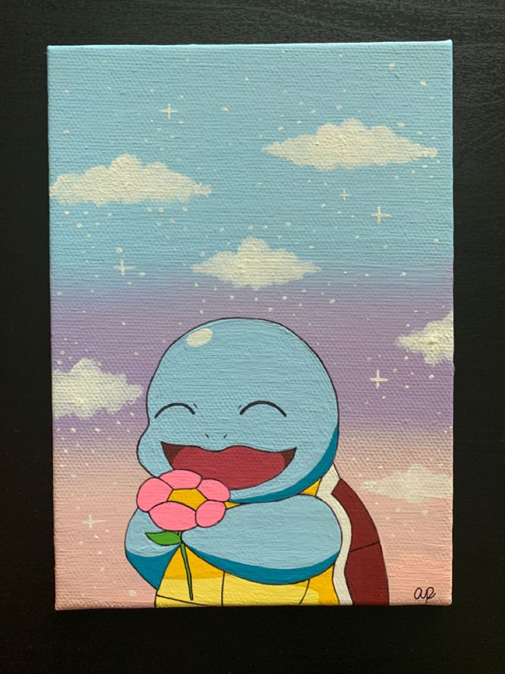 a painting of a cartoon character with a flower in his hand and the sky behind it