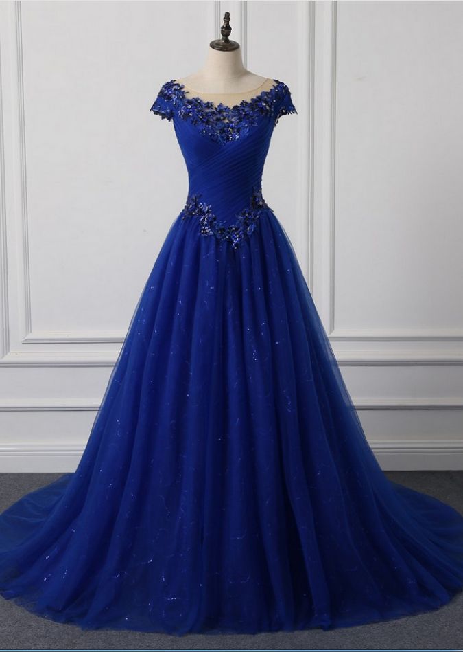 Long Neck Appliqued Wedding Dress Royal Blue Wedding Party Dresses Blue Floor-length Evening Dress For Banquet, Blue Tulle Ball Gown For Wedding, Royal Blue Tulle Dress For Banquet, Blue Ball Gown For Prom, Blue Tulle Floor-length Ball Gown, Blue Gown For Prom Banquet, Blue Gown For Prom Season Banquet, Blue Gown For Banquet And Prom Season, Blue Gown With Fitted Bodice For Debutante Ball