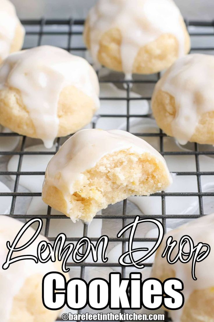 lemon drop cookies on a cooling rack with the title overlay reading lemon drop cookies