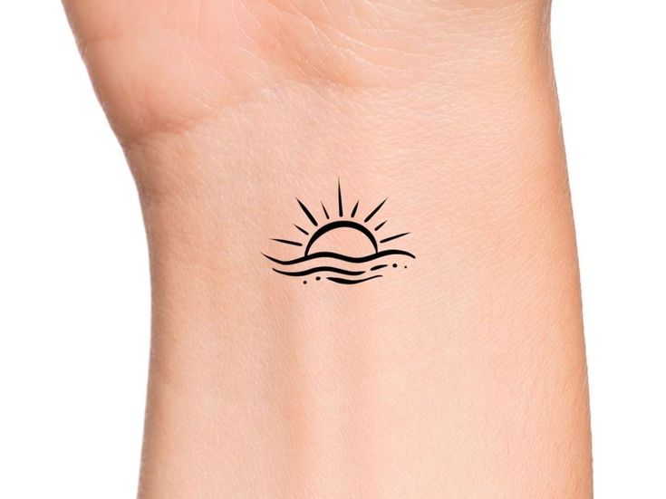 Sunset Tattoo On Wrist, Sun And Surf Tattoo, Small Sunset Tattoos For Women, Sun And River Tattoo, Sunrise Wave Tattoo, Simple Watercolor Tattoo, Sunset Over Water Tattoo, Sunset Wave Tattoo, Wave And Sun Tattoo Simple