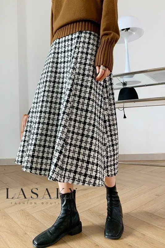 Lasaky - Elevated High-Waisted A-Line Skirt featuring a Generously Pleated Hem. White Pleated Skirt For Winter, Trendy Long Skirt For Winter, White Lined Skirt For Winter, White High Waist Skirt For Fall, Trendy Winter Lined Skirt, High Waist Pleated Skirt For Winter, Non-stretch Winter Midi Skirt, Non-stretch Midi Skirt For Fall, Tweed Midi Skirt