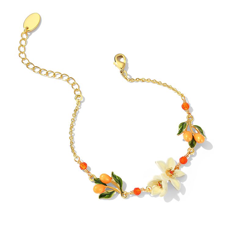 DetailBracelet Size: 15.5cm + 5cm Bracelet Weightï¼?.7gMetal Material: Copper BaseJewelry Process: 18K Gold Plated Painted EnamelProductThe small white orange blossom kumquat bracelet symbolizes purity and joy. and is a vibrant choice.🍊Product HighlightsThe enamel craftsmanship is unique. making the necklace colorful. lifelike and full of vitality.🌞Applicable Scenarios Suitable for matching fresh and lively styles. such as cool dresses or other fresh styles of clothing.🌸This bracelet can well show the characteristics of the wearer. exuding youthful vitality and sunshine. 🌿Thickened 18k Gold PlatingOur jewelry boasts an 18k gold plating layer that's ten times thicker than standard jewelry. measuring an impressive 1µm (considering that typical jewelry plating is between 0.03 to 0.1µm). P Elegant Orange Bracelet For Gift, Elegant Yellow Flower Bracelets, Elegant Yellow Flower Bracelet, Orange Bangle Bracelet For Gift, Orange Bangle Bracelets As A Gift, Elegant Orange Bangle Jewelry, Elegant Adjustable Apricot Jewelry, Flower-shaped Orange Beaded Bracelets For Gifts, Orange Flower-shaped Beaded Bracelets For Gifts