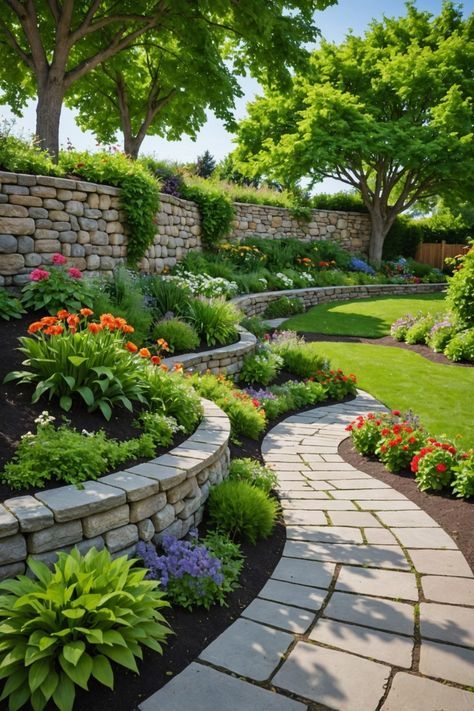 an outdoor garden with stone walls and landscaping