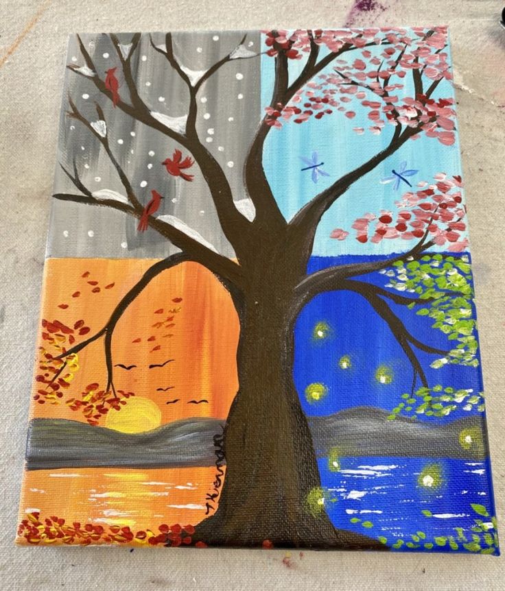 the painting is done with acrylic paint and has a tree painted on it