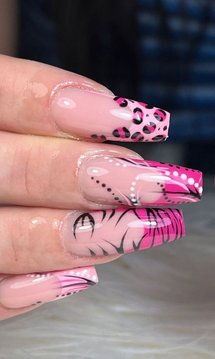 French Tip Animal Print Nails, Pink Cheetah Nails Y2k, Nail Inspo Animal Print, Pink Leopard Print French Tip Nails, Y2k Nails Cheetah, Zebra And Leopard Nails, Nail Ideas Animal Print, Pink Tiger Print Nails, Pink Zebra Nails Y2k