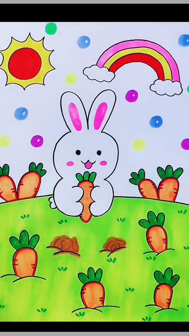 a drawing of a bunny with carrots and a rainbow in the background