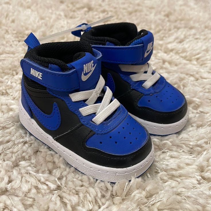 Nike Baby/Toddler Court Borough Mid 2 Sneakers (Black/Royal/White) Baby Boy Shoes Nike, Baby Jordan Shoes, Nike Baby Shoes, Baby Nike Shoes, Court Borough Mid 2, Baby Boy Nike, Nike Shoes For Boys, Toddler Nike Shoes, Baby Jordans