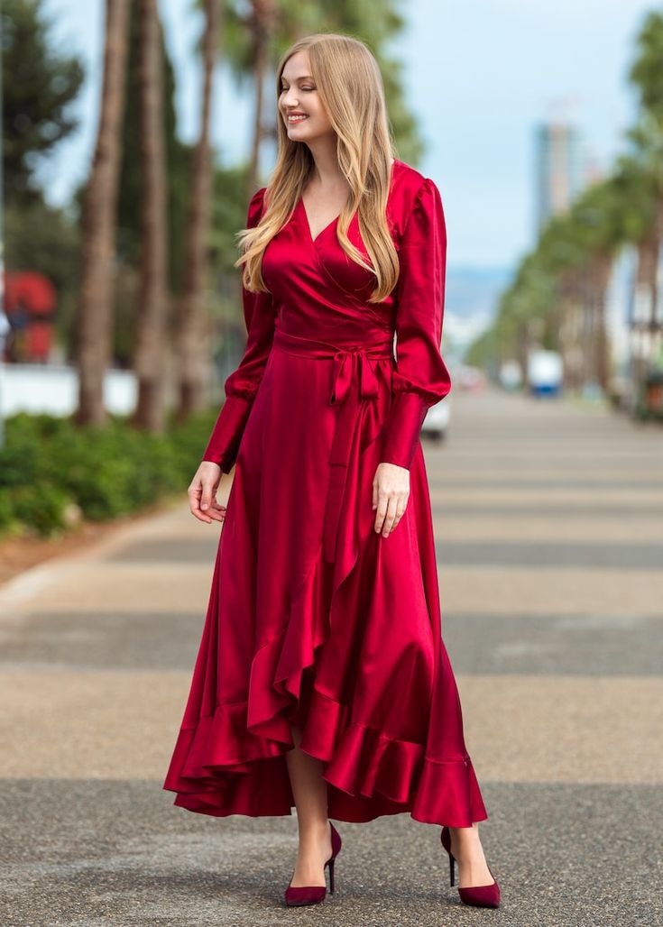 Silk Wrap Dress Red Burgundy Bridesmaid Dress Wedding Dress - Etsy Burgundy Satin V-neck Dress, Chic Maxi Wrap Dress For Wedding Guest, Elegant Burgundy Prom Dress, Satin Midi Wedding Gown, Satin Midi-length Gown For Wedding, Satin Midi Gown For Wedding, Chic Satin Maxi Bridesmaid Dress, Satin V-neck Bridesmaid Wrap Dress, Satin V-neck Wrap Dress For Bridesmaids