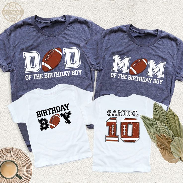 Football Birthday Boy Party Custom Family Shirt, Personalized Football Tshirt, American Football Family Matching Birthday Shirt, Mom Dad Tee. Welcome to BestMomentTees! Step into a world of comfort and style with our handmade shirts from the renowned Bella Canvas brand. The solid colors are 100% pure cotton, while the delightful heather colors are a charming blend of 52% cotton and 48% polyester. 🍃 Each shirt is a true labor of love, meticulously created using the innovative DTF printing method Team Spirit Birthday T-shirt With Name Print, Birthday Gift Number Print Short Sleeve Top, Father's Day Birthday Custom Printed T-shirt, Father's Day Birthday Gift Short Sleeve T-shirt, Father's Day Short Sleeve T-shirt, Short Sleeve Tops With Number Print For Birthday, Number Print Short Sleeve T-shirt, Short Sleeve T-shirt With Number Print, Short Sleeve Shirt For Birthday And Father's Day