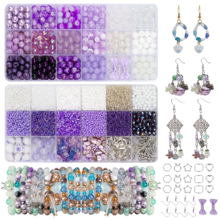 various beads and earrings are arranged in different colors, shapes and sizes to make them look like they have been made from plastic