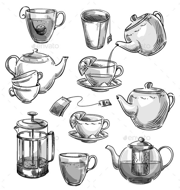 tea set with cups and kettles - food objects