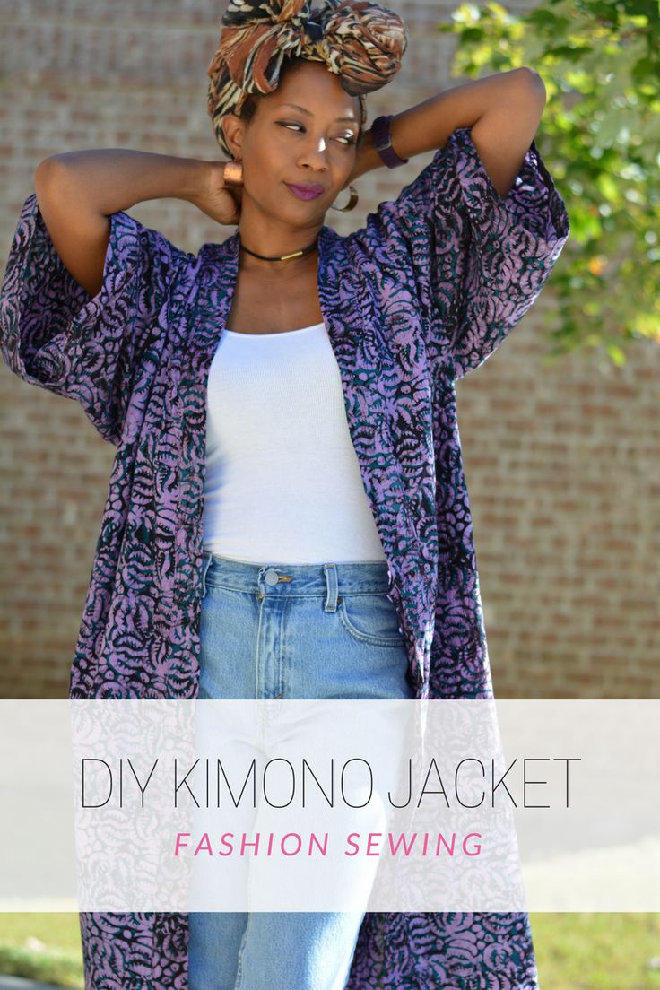 a woman standing in front of a brick wall with her hands on her head and the words diy kimono jacket fashion sewing