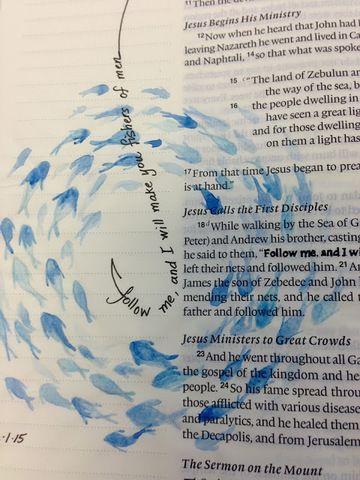 an open book with blue watercolors on it and the words in each section