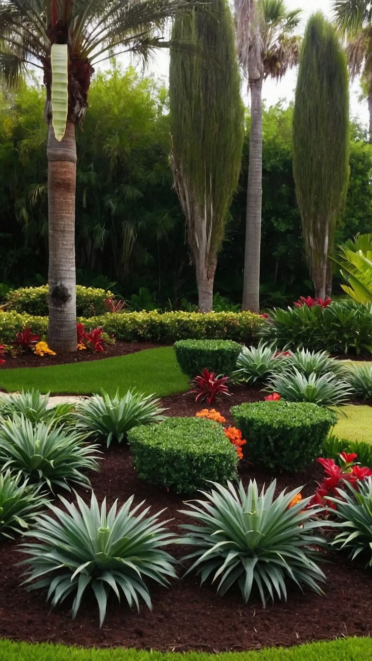 a garden with lots of plants and flowers in it's center, surrounded by palm trees