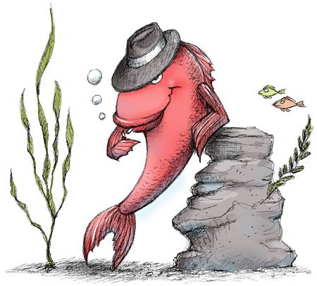 a drawing of a red fish with a hat on it's head and some seaweed in the water