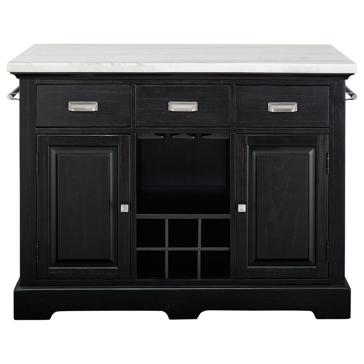 a black buffet table with marble top and two wine racks on one side, in front of a white background