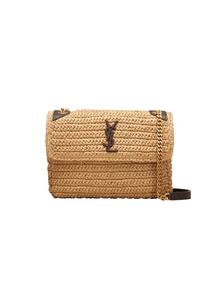 "Find SAINT LAURENT Niki Medium Flap Ysl Shoulder Bag In Raffia on Editorialist. Saint Laurent shoulder bag in crocheted nylon. Chain and leather shoulder straps, 11.8\" drop. Flap top with YSL monogram; magnetic closure. Interior zip pocket. 7.9\"H x 11\"W x 3.3\"D. Item weight, approx. 1.8 lbs. \"Niki\" is made in Italy." Designer Crochet Woven Bag, Designer Beige Crochet Bag For Travel, Designer Rectangular Natural Crochet Bag, Designer Natural Rectangular Crochet Bag, Designer Natural Color Rectangular Crochet Bag, Luxury Crochet Leather Woven Shoulder Bag, Luxury Crochet Shoulder Bag With Woven Leather, Luxury Crochet Woven Leather Shoulder Bag, Designer Crochet Travel Bag In Natural Color