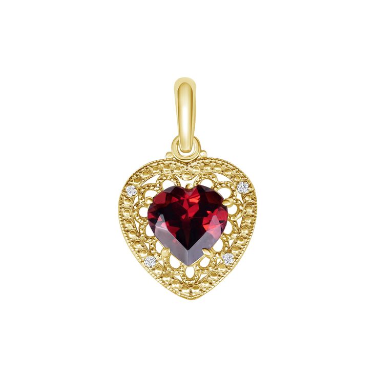 A Heart-Shaped Garnet and Diamond Filigree Charm Pendant Necklace is a stunning piece of jewelry that combines the rich, deep red hue of garnet with the dazzling sparkle of diamonds. The filigree design adds an element of intricate beauty, making this pendant a perfect gift for a loved one or a cherished addition to your own jewelry collection. Product Information • Metal: 10k or 14k in Yellow/Rose/White Gold• Weight: 10k - 1.3 g. | 14k - 1.4 g. • Dimensions: 0.7" inches x 0.5" inches • Center Stone: Genuine Garnet, Heart-Shaped, 7 x 7 mm, 1.2 cts (approx.) • Side Stones: Diamond, Round-Shaped, 1 mm, 0.20 cts (approx.)• Chain: Rolo Chain with Spring Ring Clasp - 1 g. SKU: QM1759 Luxury Red Jewelry With Heart Charm, Valentine's Day Yellow Gold Jewelry With Intricate Design, Elegant Red Jewelry With Heart Charm, Elegant Filigree Jewelry For Valentine's Day, Elegant Heart Cut Ruby Necklaces, Luxury Red Heart Pendant Necklaces, Luxury Red Heart Cut Jewelry, Luxury Red Heart Pendant Jewelry, Elegant Yellow Gold Garnet Necklace