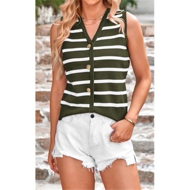 Size Guide : S=Us 4-6, M=Us 8-10, L=Us 12-14, Xl=Us 16-18. Design: Women's Sleeveless V-Neck Button Down Going Out Tops Feature A Stylish Striped Pattern That Adds A Touch Of Sophistication To Any Outfit. This Striking Design Is Achieved Through A Carefully Crafted Interplay Of Contrasting Colors And Tones, Creating A Visual Dynamic That Sets This Vest Apart From Others. Stylish Style: The V-Shaped Neckline Accentuates The Neckline, Making The Wearer Look Slimmer And Sleeveless. With A Sleeveles Trendy Striped Sweater Vest For Spring, Trendy Striped Vest For Spring, Casual Striped V-neck Sweater Vest, Trendy Knit Vest For Day Out, Green V-neck Sweater Vest For Summer, Casual V-neck Vest For Day Out, Casual Sleeveless Sweater Vest For Vacation, Spring Green Knit Vest, Casual Striped Tank Vest