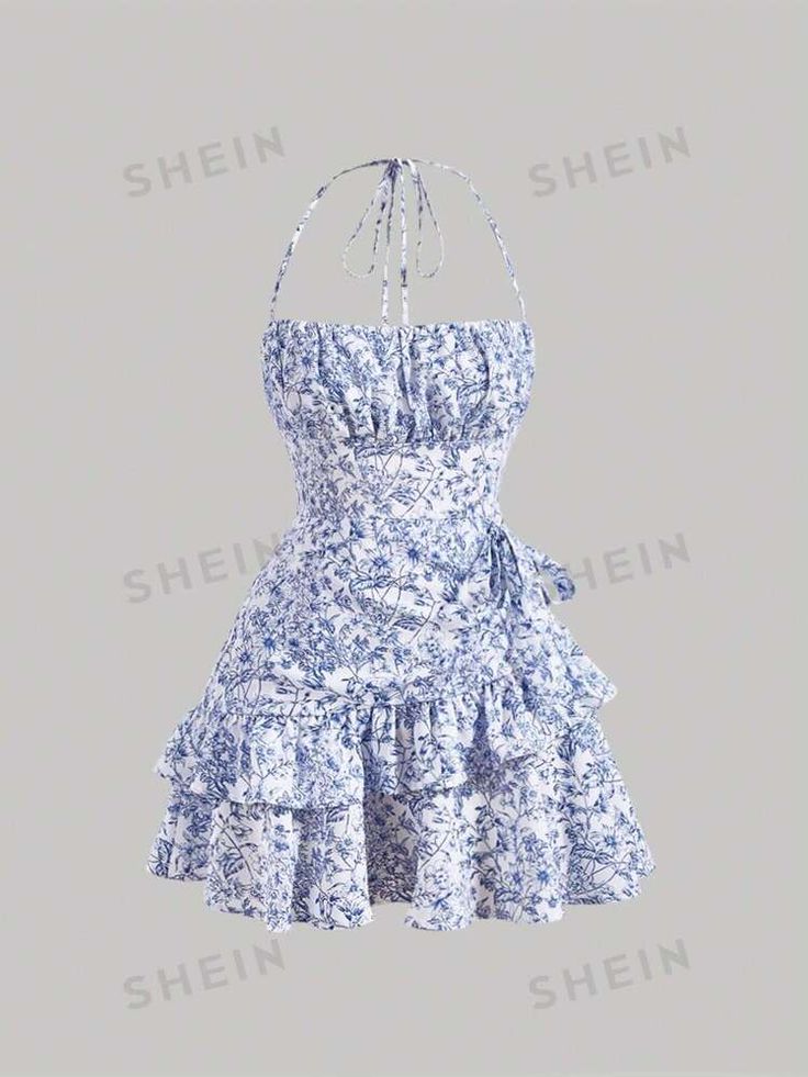 Free Returns ✓ Free Shipping✓. SHEIN MOD Floral Print Ruffle Trim Tie Backless Ruched Bust Layered Halter Summer Short Dress- Women Mini Dresses at SHEIN. Short Sundress, Blue Flower Dress, Preppy Beach, Marine Uniform, Cute Dress Outfits, Looks Party, Short Summer Dresses, Shein Dress, White Floral Dress