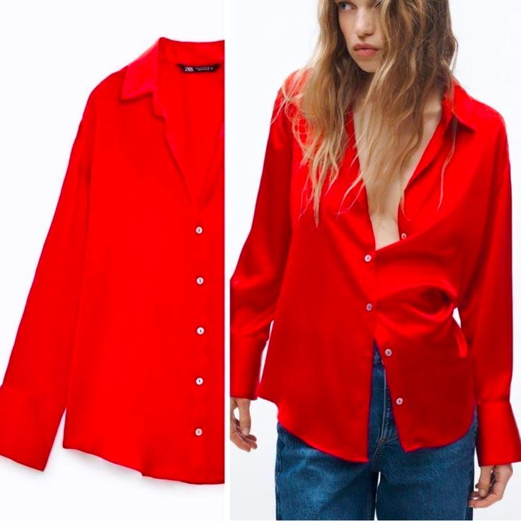 Red Zara Blouse Never Worn Red V-neck Shirt For Fall, Trendy Red Long Sleeve Blouse, Red V-neck Shirt For Spring, Trendy Red Shirt For Spring, Casual Red Button-up Blouse, Red Shirt For Workwear In Fall, Trendy Red Collared Top, Trendy Red V-neck Shirt, Red Button-up Party Blouse