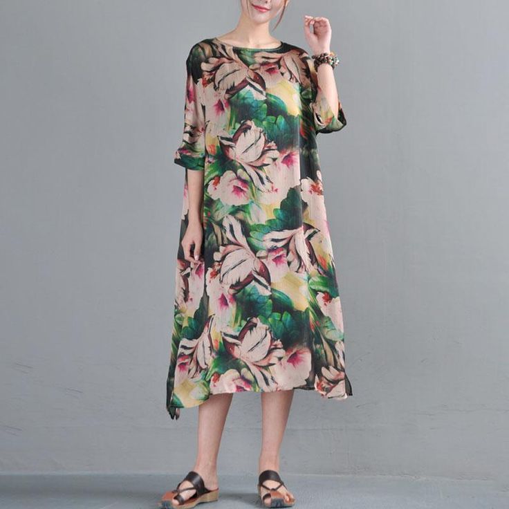 Loose Round Neck Half Sleeve Printed Dress Two Pieces - Omychic Dress Two Pieces, Dress Vest, Pullover Pattern, Cotton Linen Dresses, Boho Style Dresses, Pattern Flower, Clothing Details, Autumn Style, Plus Size Swimsuits