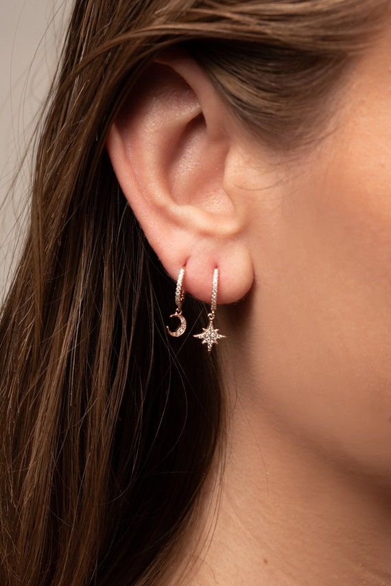 Moon Star Earring Gold Moon Silver Star Minimalist | Etsy Ringe Aesthetic, Star Minimalist, Stocking Stuffers For Mom, Star Earring, Womens Leather Belt, Front Back Earrings, Moon And Star Earrings, Tiny Hoop Earrings, Ear Jacket Earring